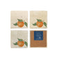 A set of 4 square marble coasters, featuring a single watercolour orange. One coaster is flipped to show that the coasters are backed with cork.