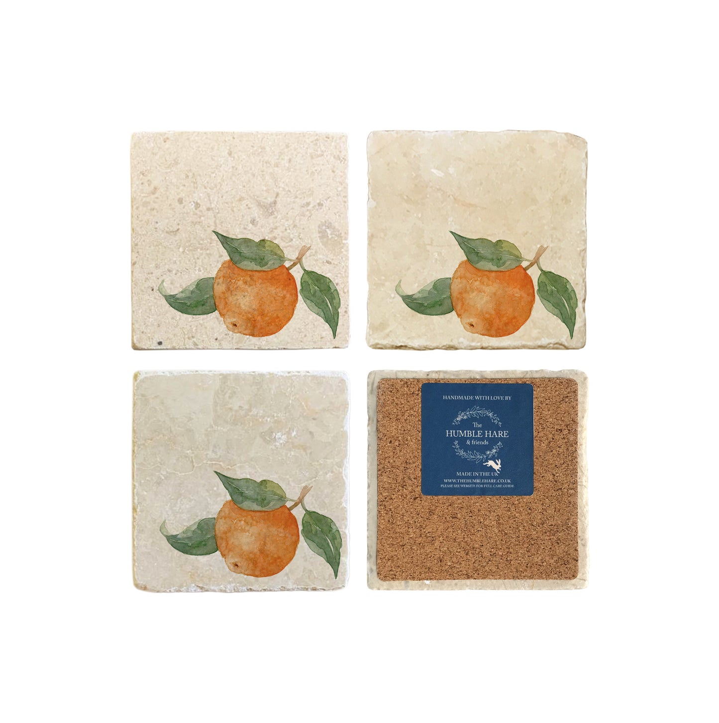 A set of 4 square marble coasters, featuring a single watercolour orange. One coaster is flipped to show that the coasters are backed with cork.