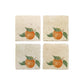 A set of 4 square marble coasters, featuring a minimalistic watercolour orange design.