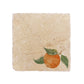 A medium square multipurpose marble platter, featuring a watercolour design of a single orange with leaves.