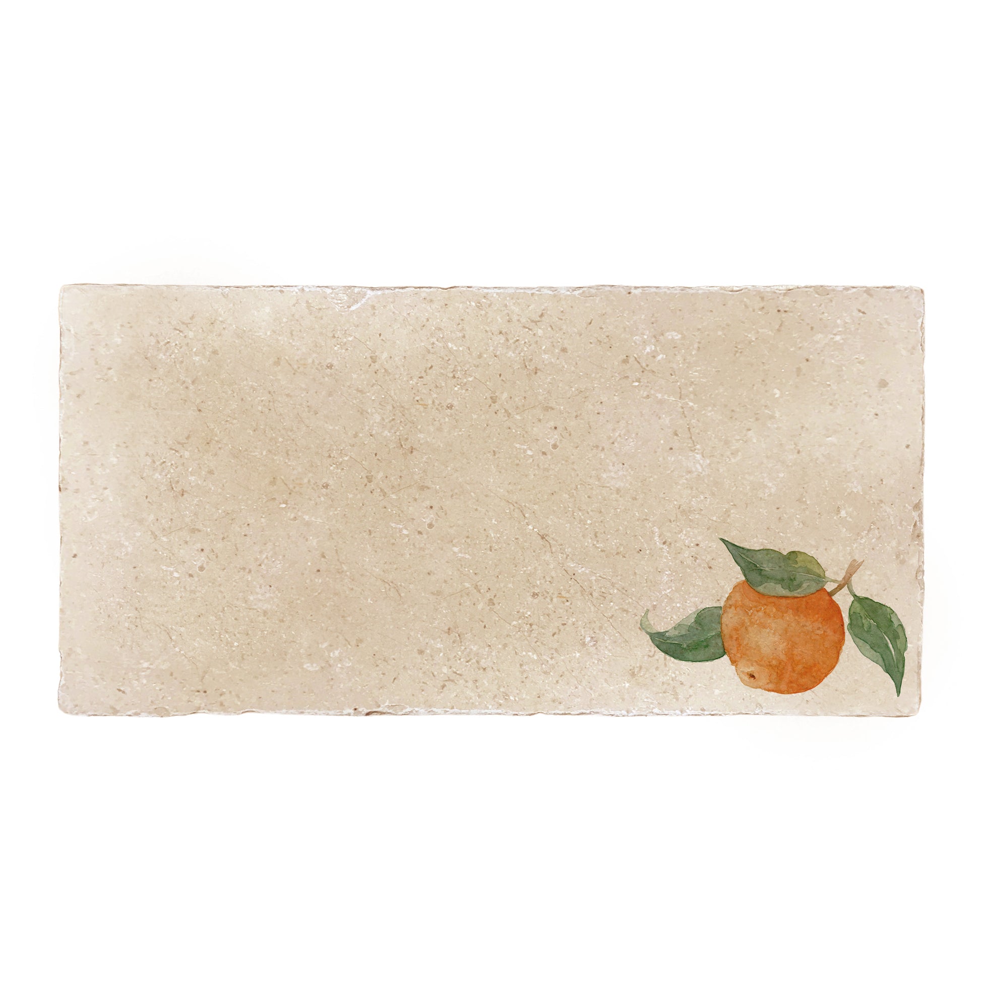 A rectangular marble sharing platter, featuring a watercolour design of a single orange with leaves.