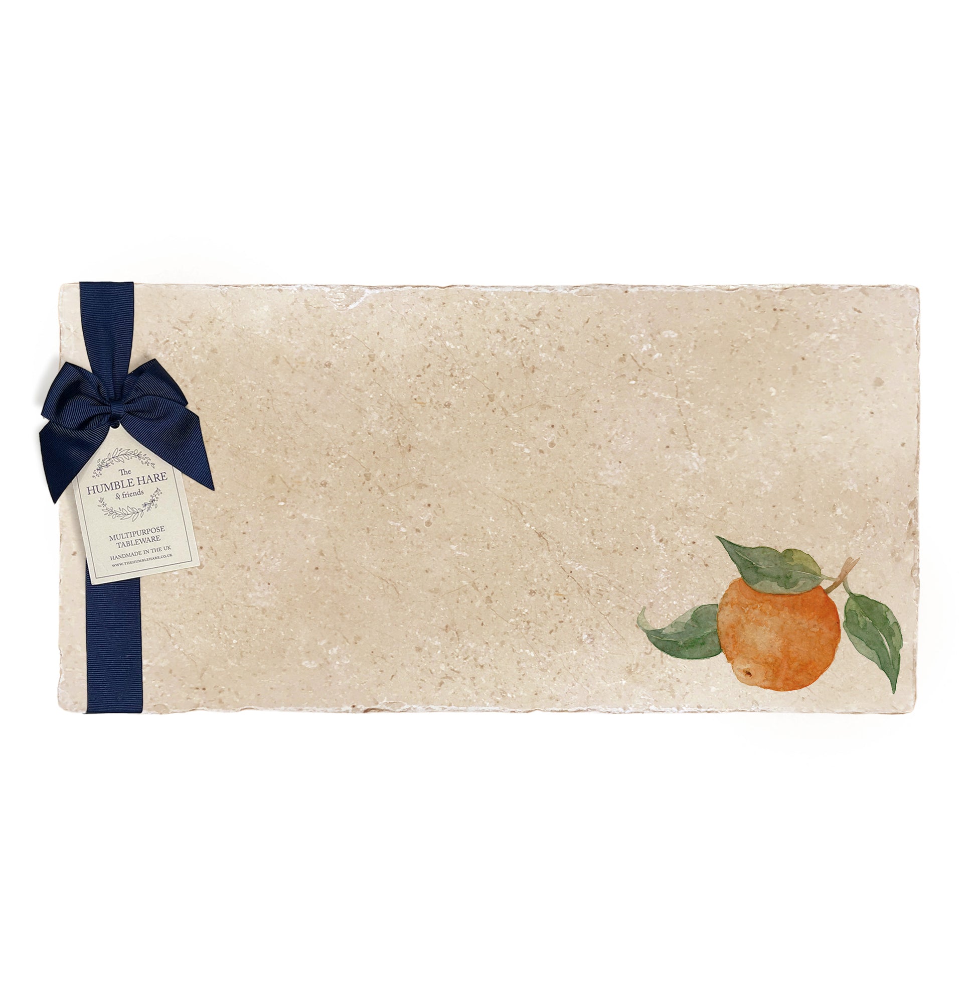 A multipurpose marble sharing platter with a watercolour minimalistic orange, packaged with a luxurious dark blue bow and branded gift tag.