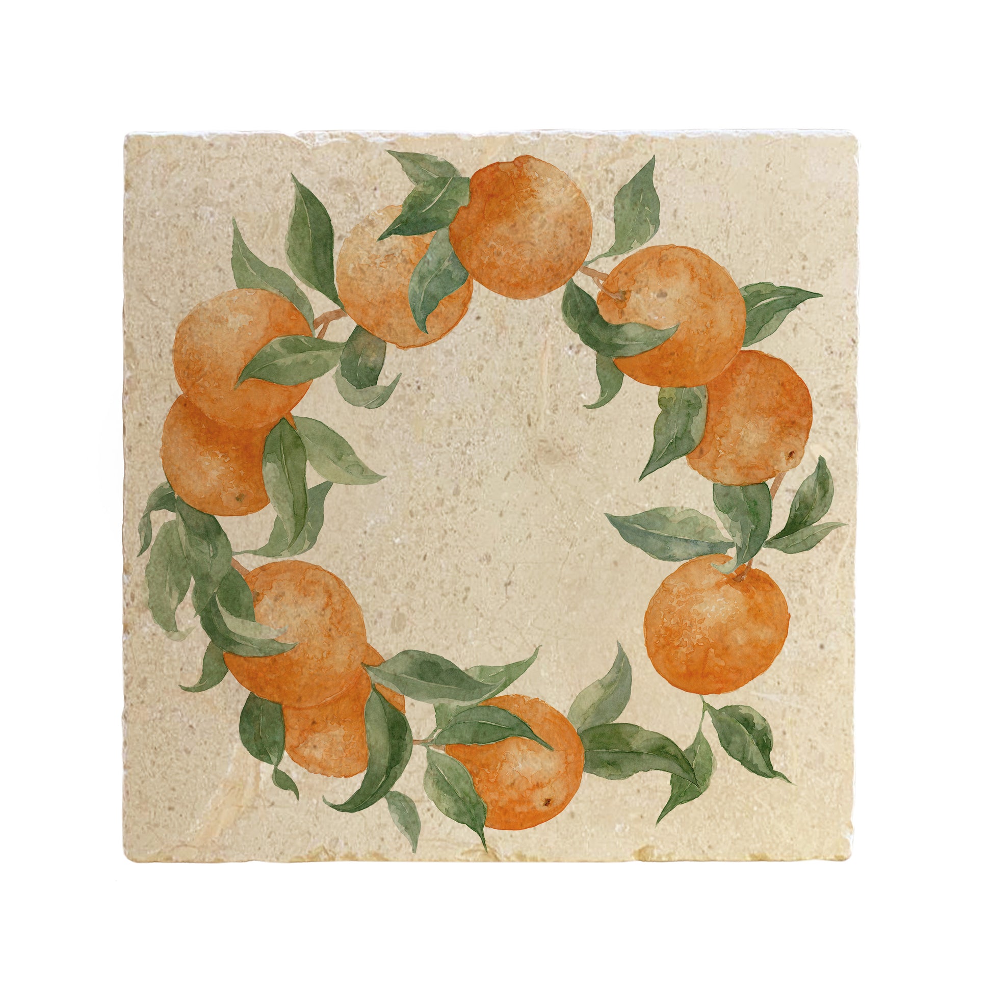 A large square marble placemat, featuring a rustic oranges and leaves wreath design.