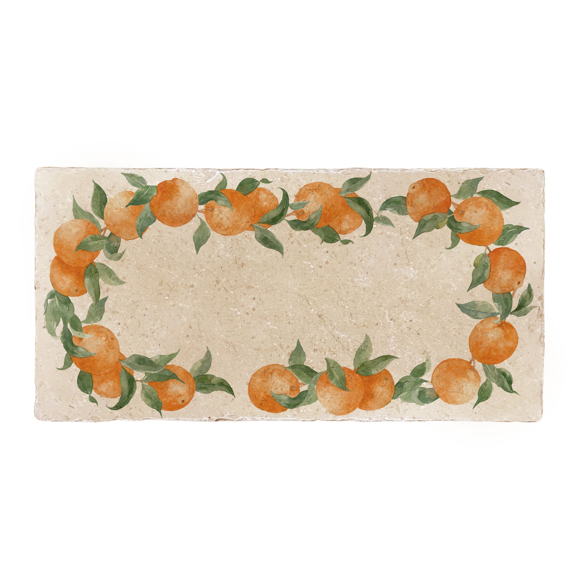 A rectangular marble sharing platter, featuring a watercolour orange wreath design that frames the platter.