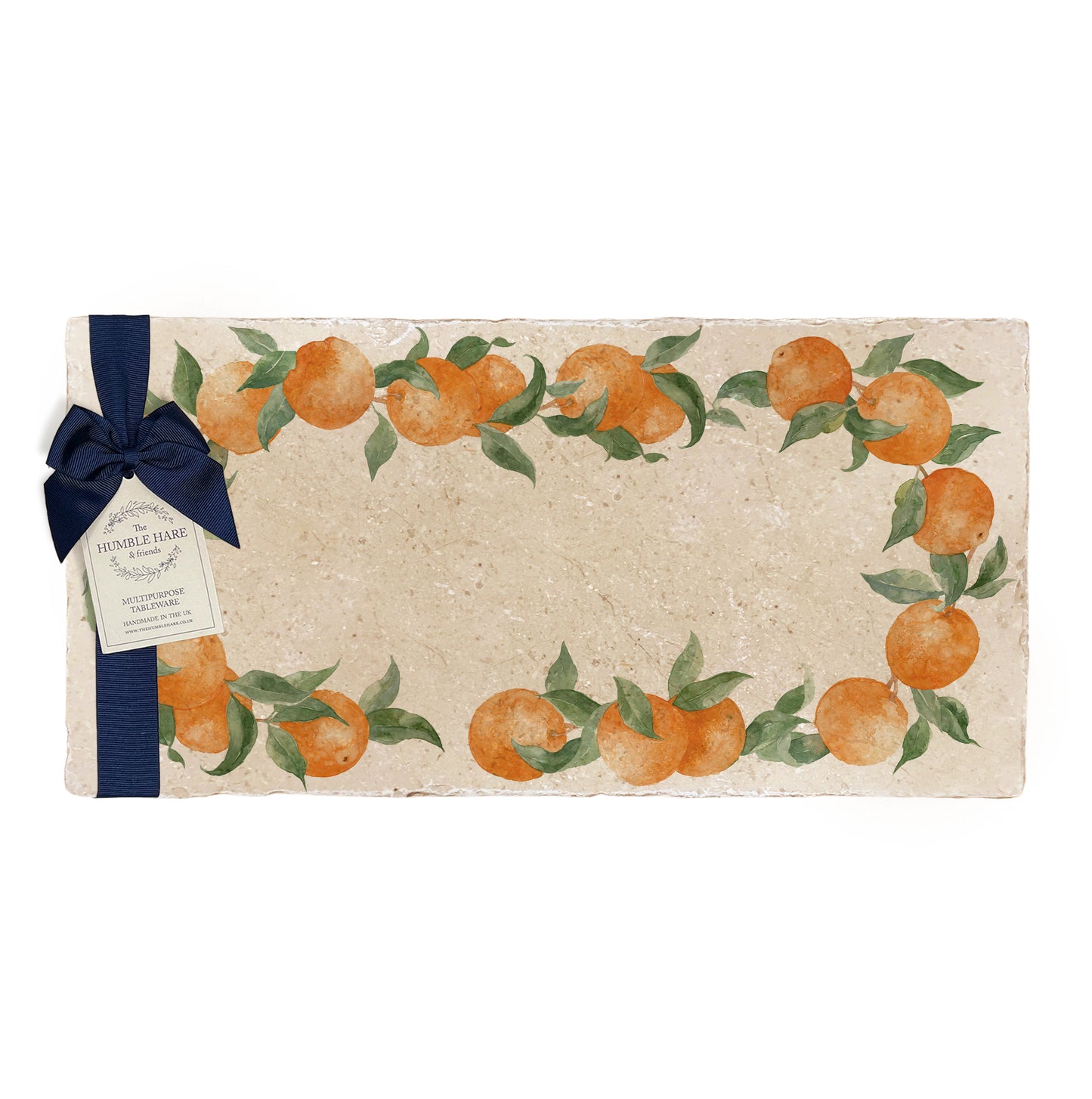 A multipurpose marble sharing platter with a watercolour orange wreath design, packaged with a luxurious dark blue bow and branded gift tag.