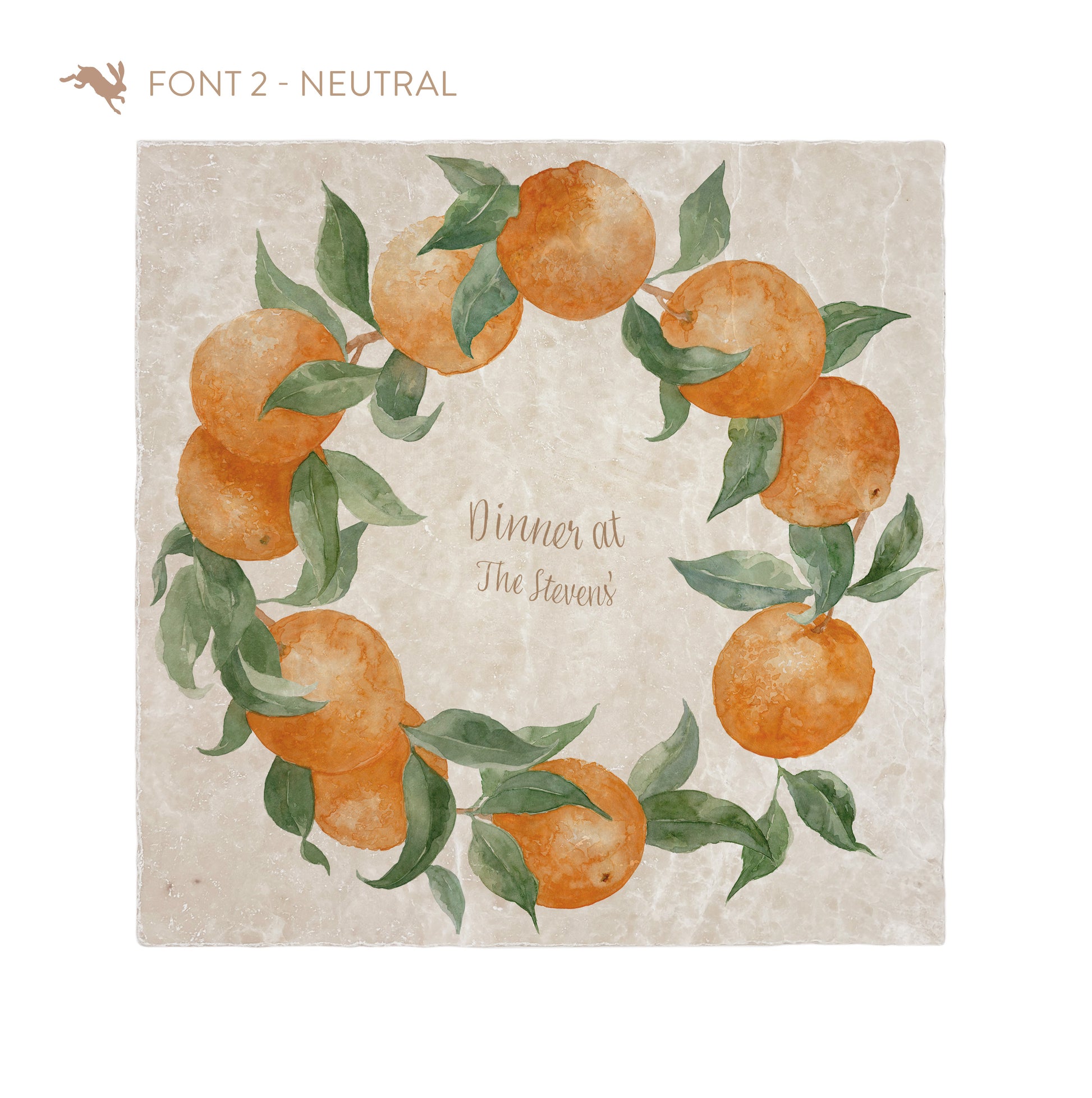 A large square personalised marble placemat with an orange wreath design. The placemat is personalised with a 'dinner at' and a family name in a neutral colour brush script font.