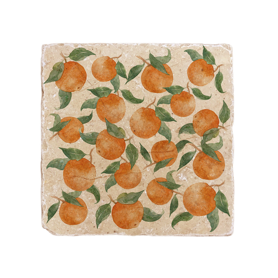 A cream marble 20x20cm wall tile with a maximalist watercolour orange pattern.