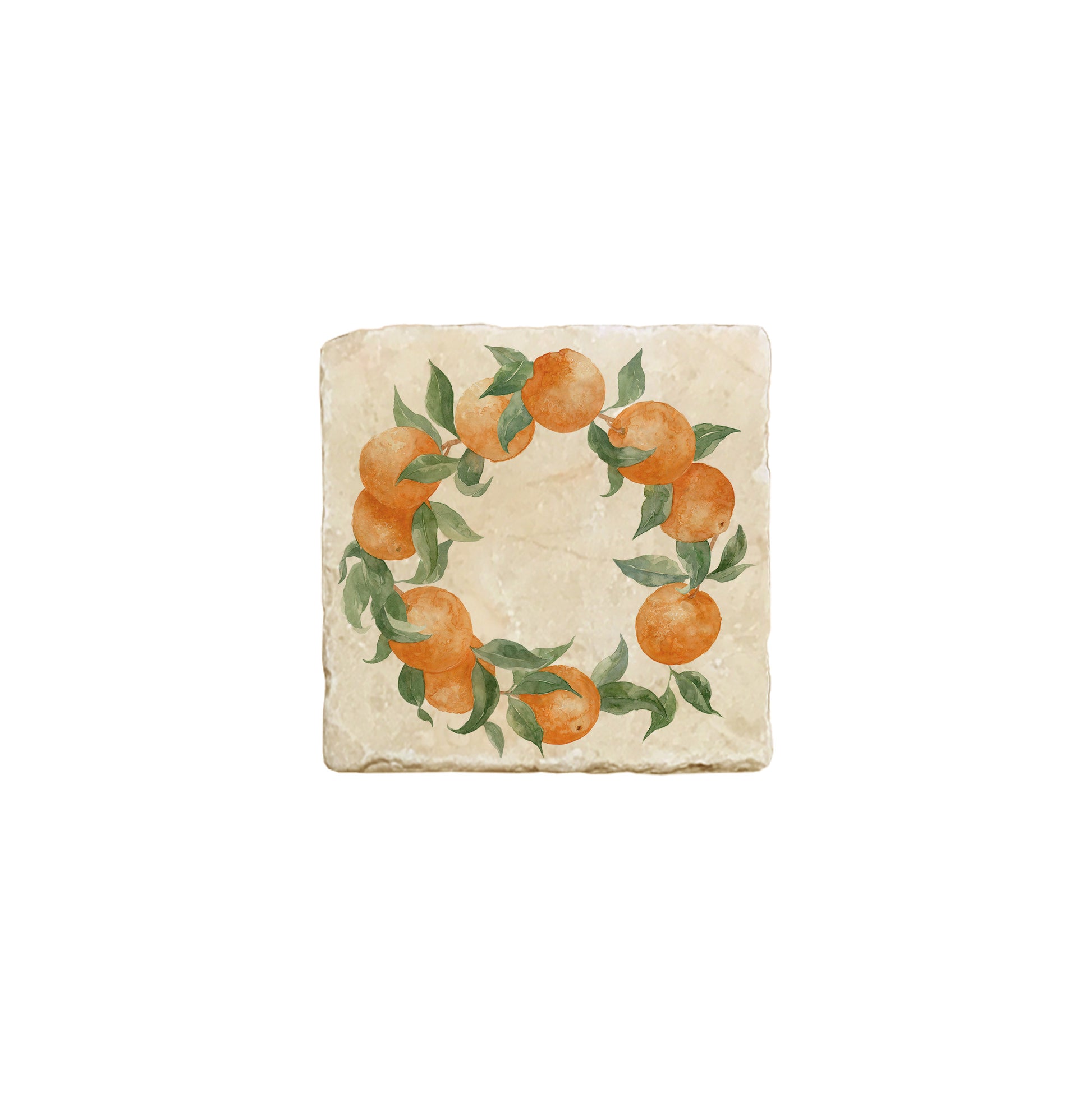 A square marble coaster featuring a watercolour fruit design that can be added to a mix and match set.