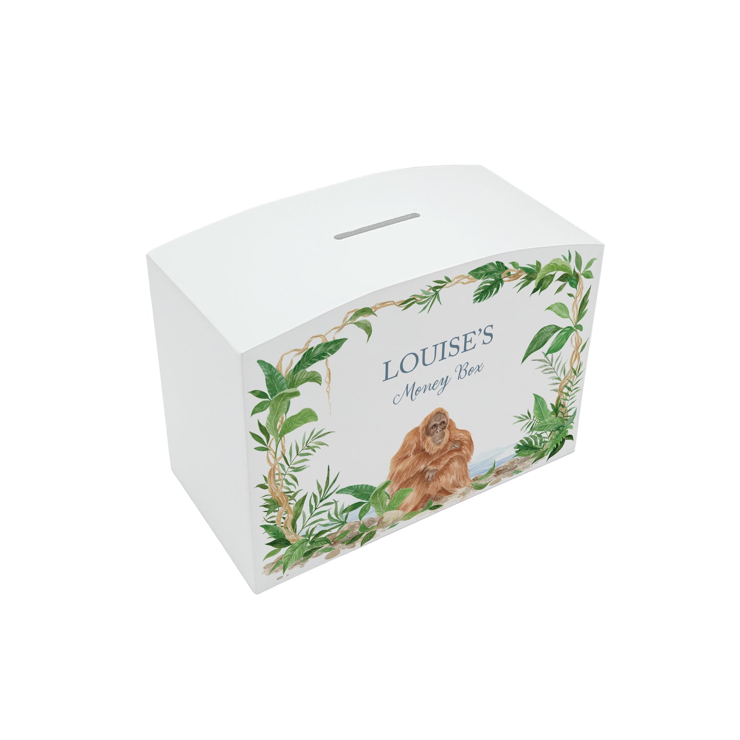 Jungle themed white money box, with an orangutan sat nestled deep in the rainforest. The perfect new baby, birthday and christening gift.  