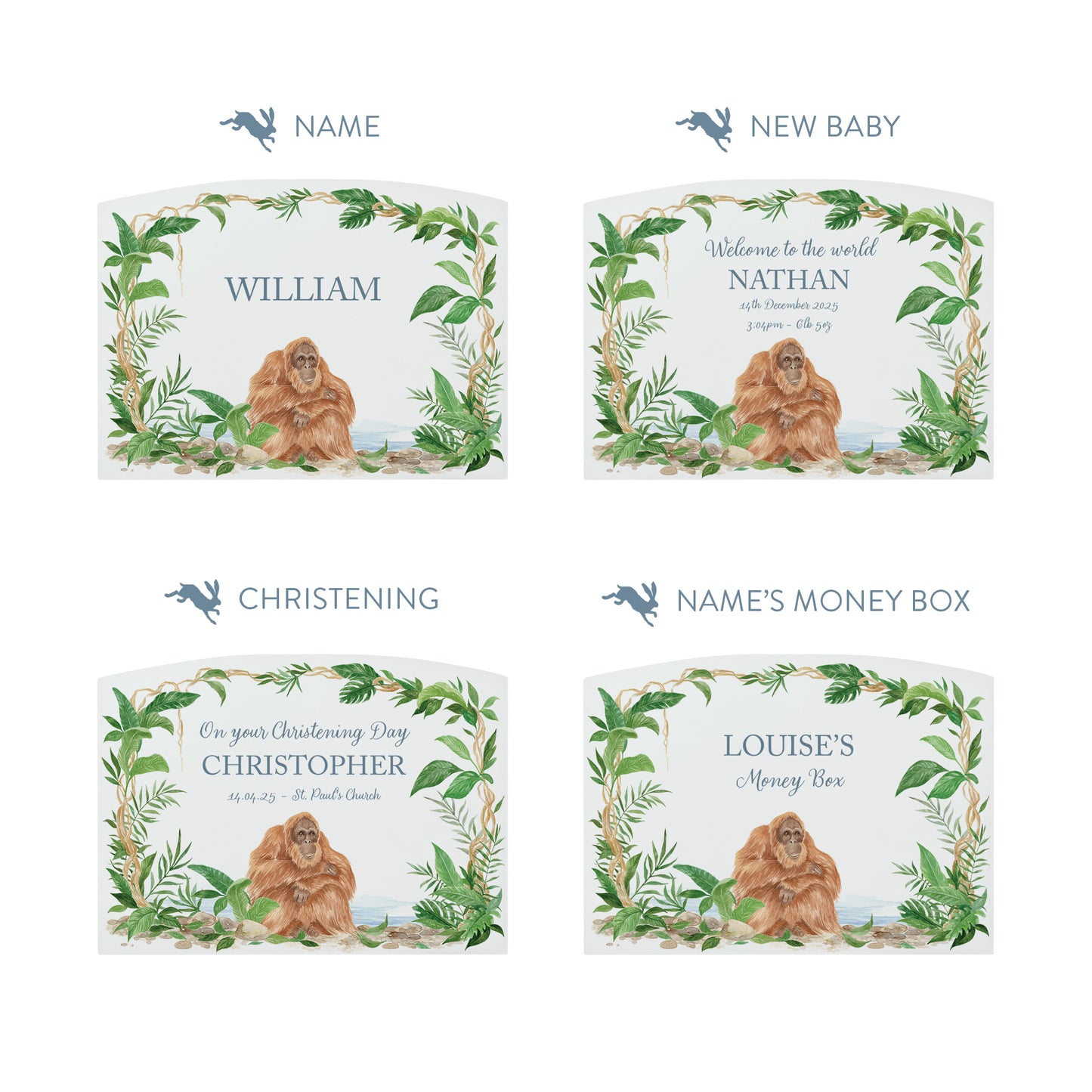 Jungle themed white money box, with an orangutan sat nestled deep in the rainforest. The perfect new baby, birthday and christening gift.  