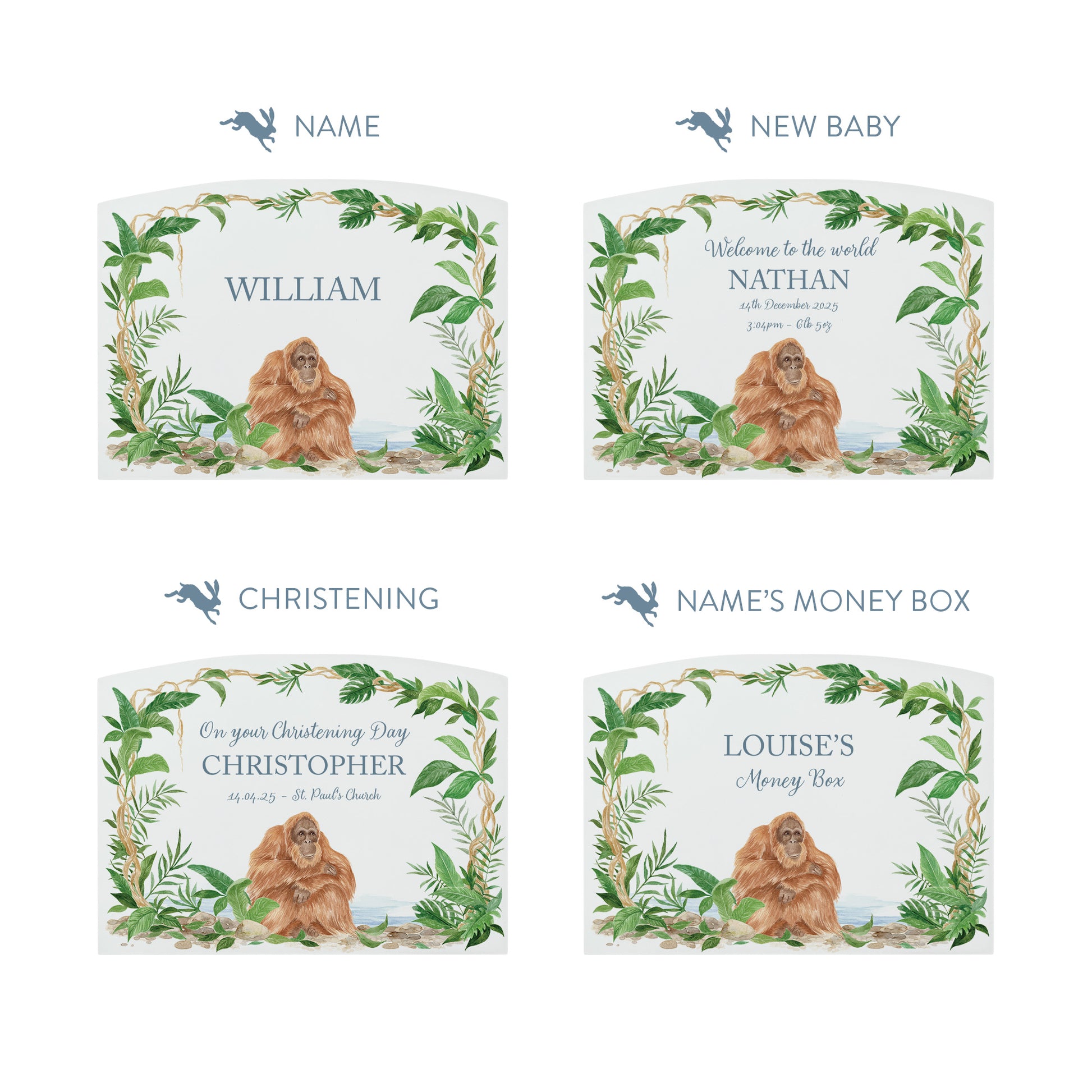 Jungle themed white money box, with an orangutan sat nestled deep in the rainforest. The perfect new baby, birthday and christening gift.  