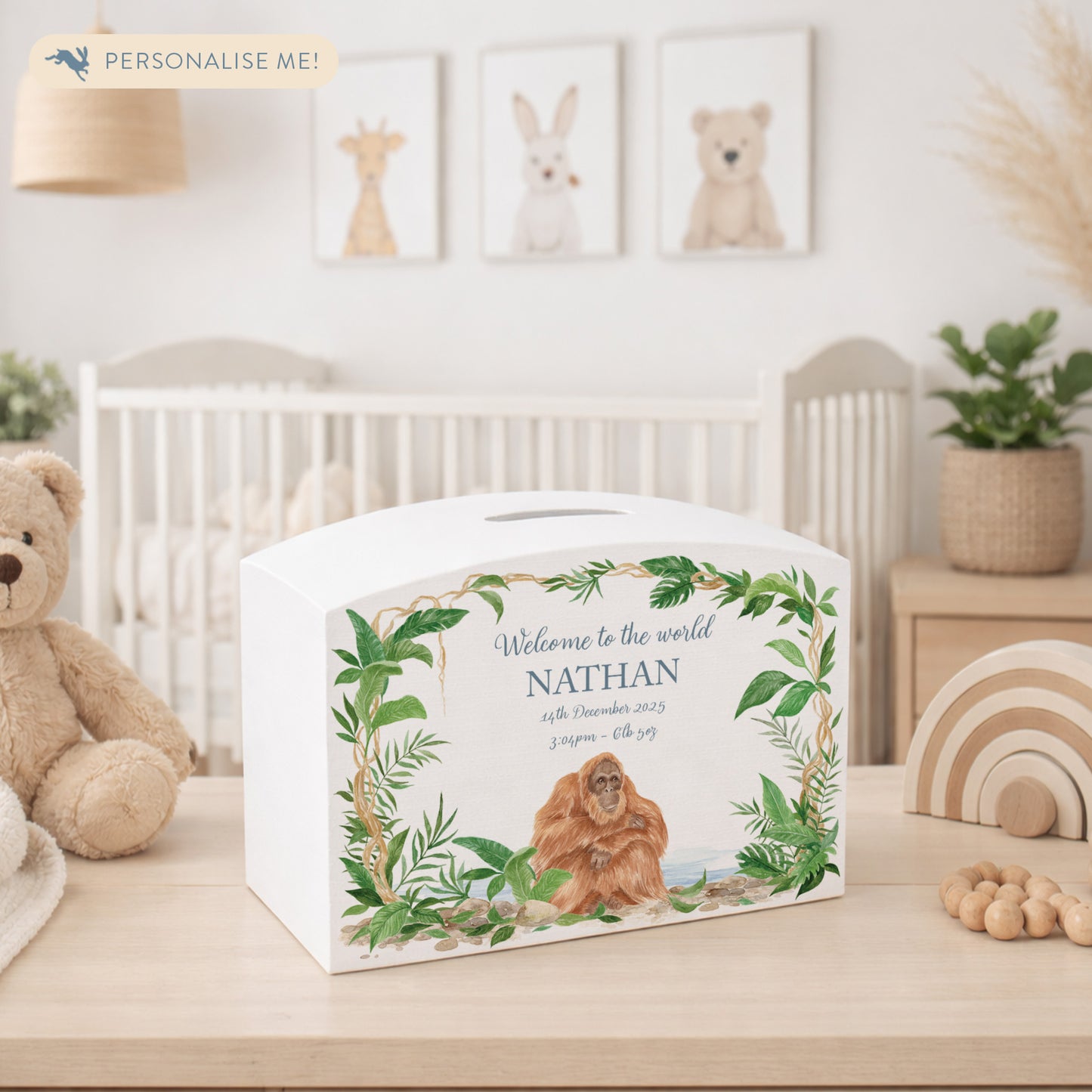 Jungle themed white money box, with an orangutan sat nestled deep in the rainforest. The perfect new baby, birthday and christening gift.  