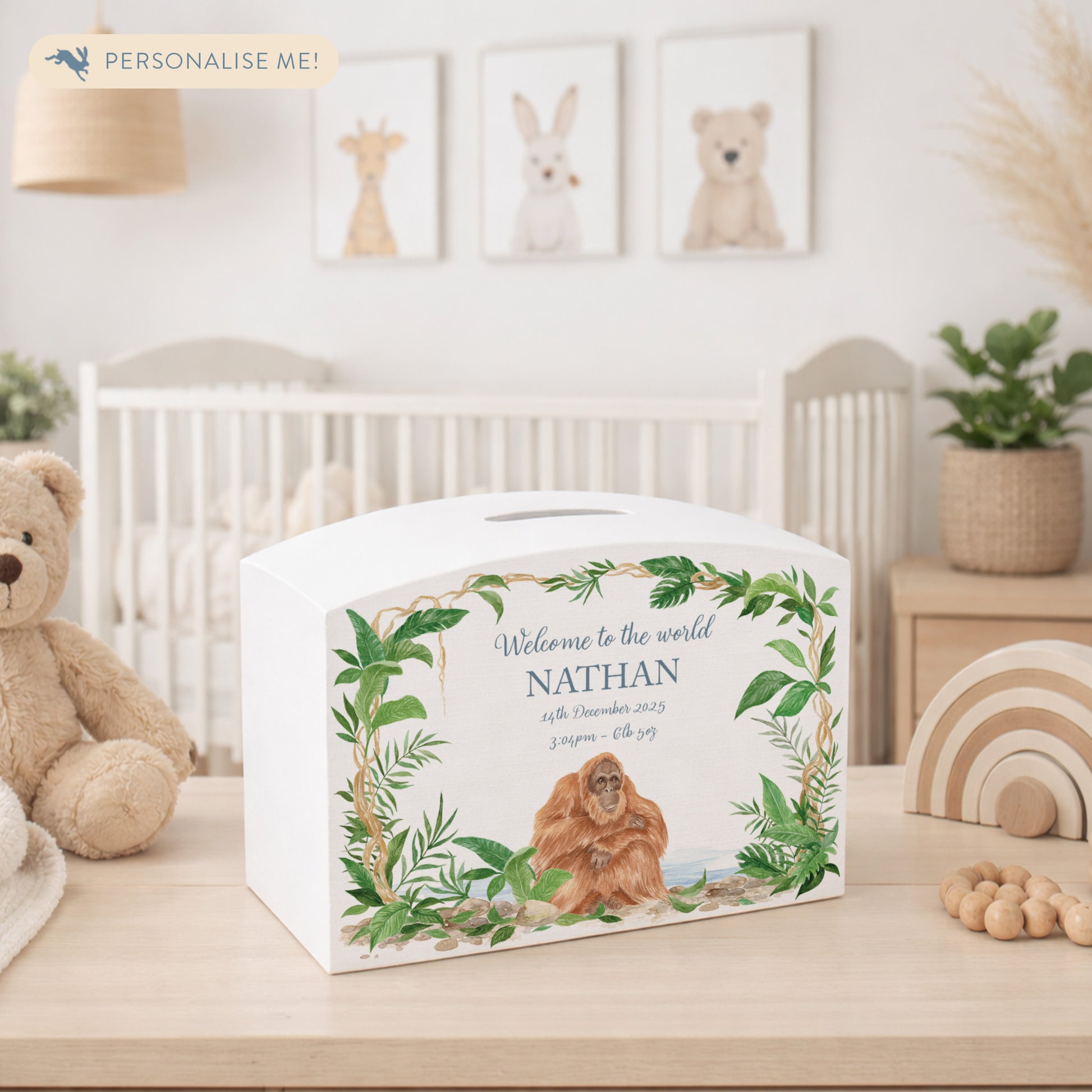 Jungle themed white money box, with an orangutan sat nestled deep in the rainforest. The perfect new baby, birthday and christening gift.  