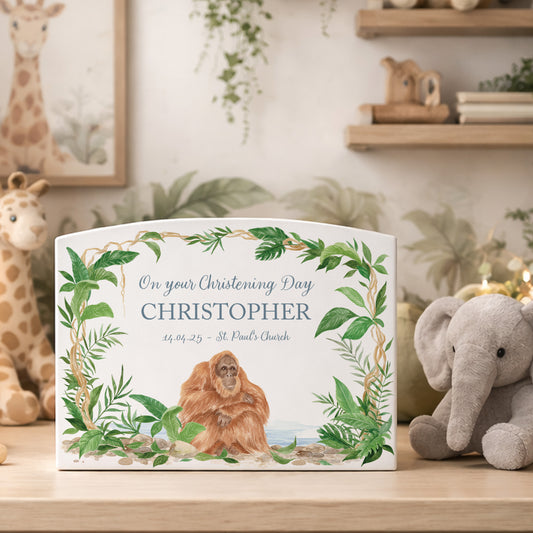 Jungle themed white money box, with an orangutan sat nestled deep in the rainforest. The perfect new baby, birthday and christening gift.  