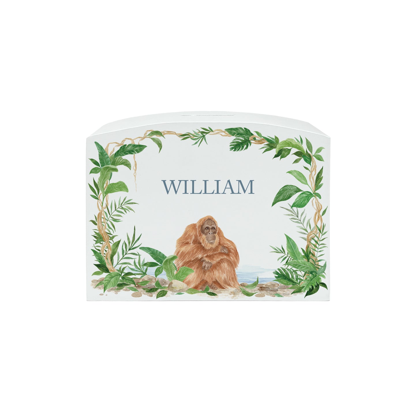 Jungle themed white money box, with an orangutan sat nestled deep in the rainforest. The perfect new baby, birthday and christening gift.  