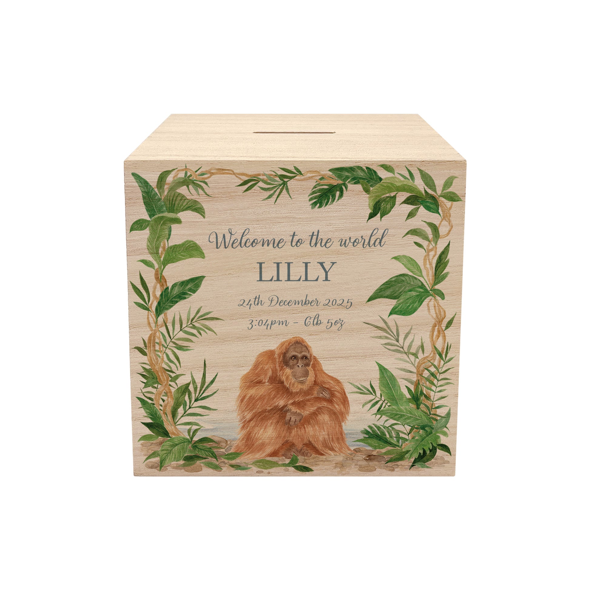watercolour baby animals money box handmade for newborn gift idea, personalise with your child's name, date of birth and weight. 