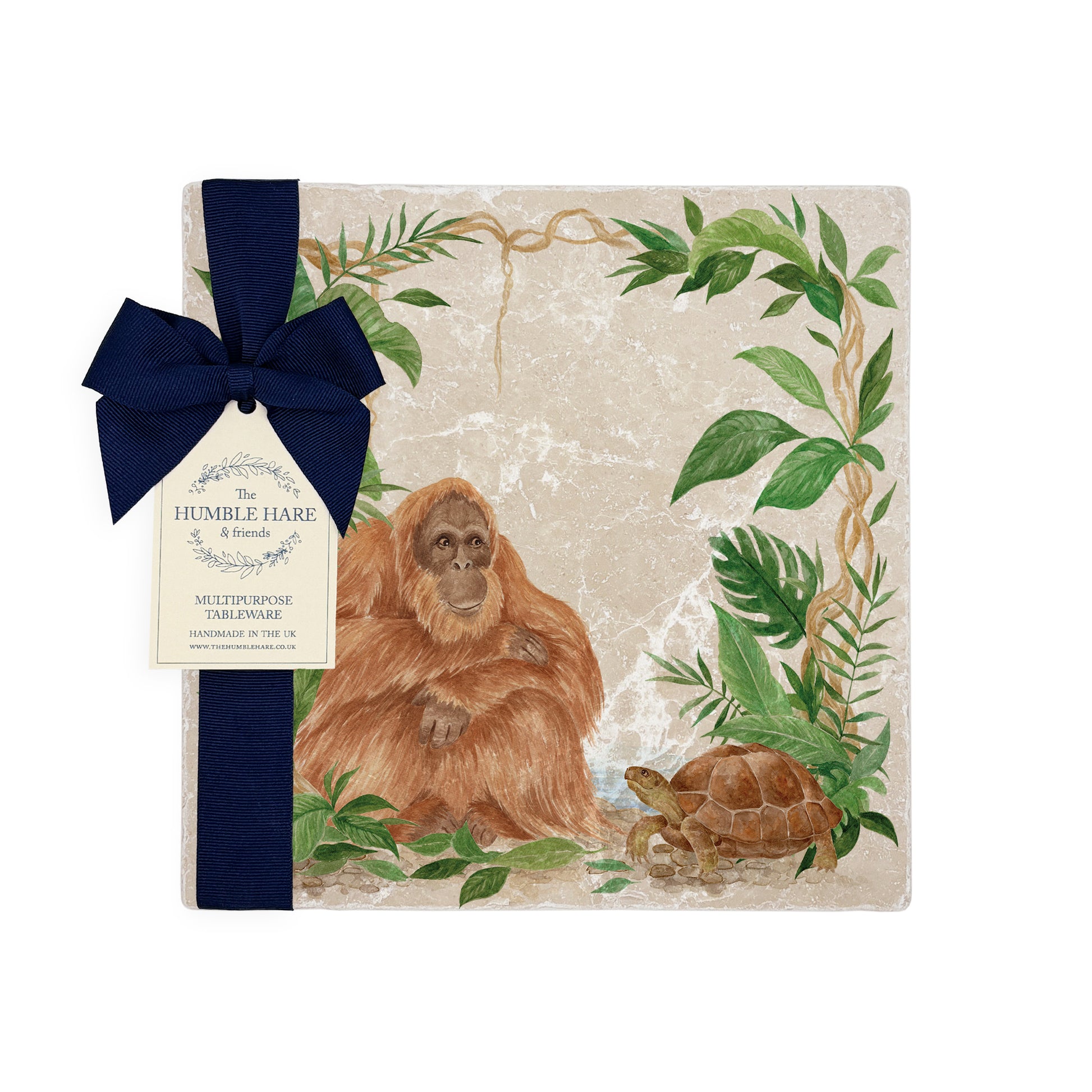 Welcoming our Rainforest Design, surrounded by the rainforest leaves and vines. Our Orangutan and Tortoise sitting a quiet corner of the rainforest. Illustrated in our  original watercolour designs on Medium Serving Platter. 