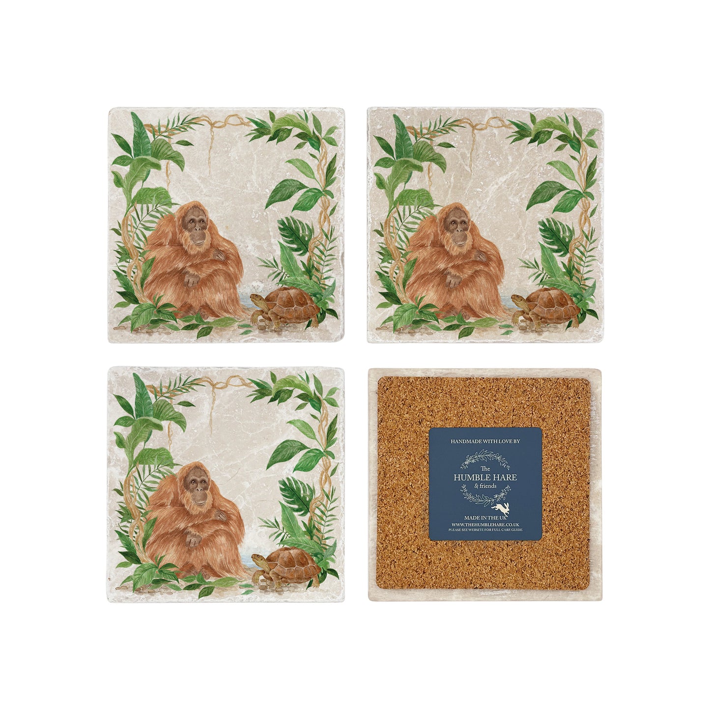 Welcoming our Rainforest Design, surrounded by the rainforest leaves and vines. Our Orangutan and Tortoise sitting a quiet corner of the rainforest. Illustrated in our  original watercolour designs on our set of 4 Coasters. 