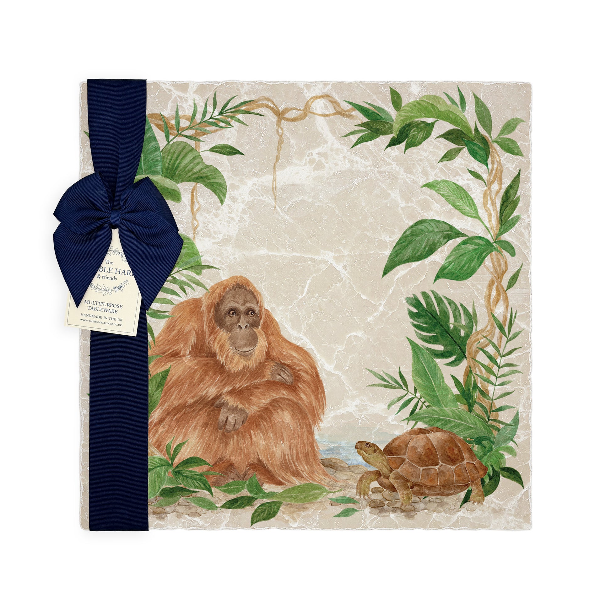 Welcoming our Rainforest Design, surrounded by the rainforest leaves and vines. Our Orangutan and Tortoise sitting a quiet corner of the rainforest. Illustrated in our  original watercolour designs on Large Serving Platter. 