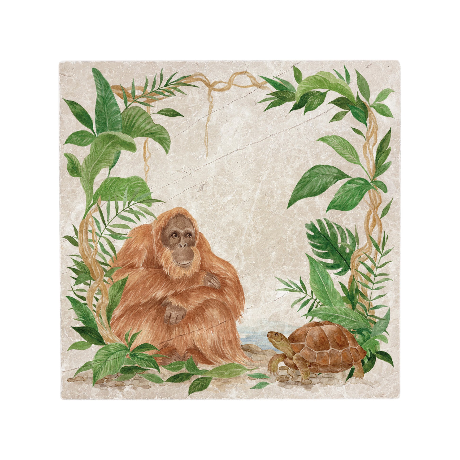 Welcoming our Rainforest Design, surrounded by the rainforest leaves and vines. Our Orangutan and Tortoise sitting a quiet corner of the rainforest. Illustrated in our  original watercolour designs on Large Serving Platter. 