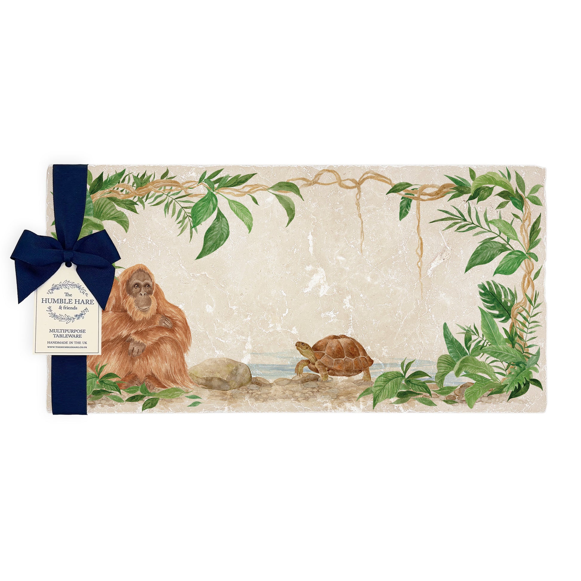 Welcoming our Rainforest Design, surrounded by the rainforest leaves and vines. Our Orangutan and Tortoise sitting a quiet corner of the rainforest. Illustrated in our  original watercolour designs on Sharing Serving Platter. 