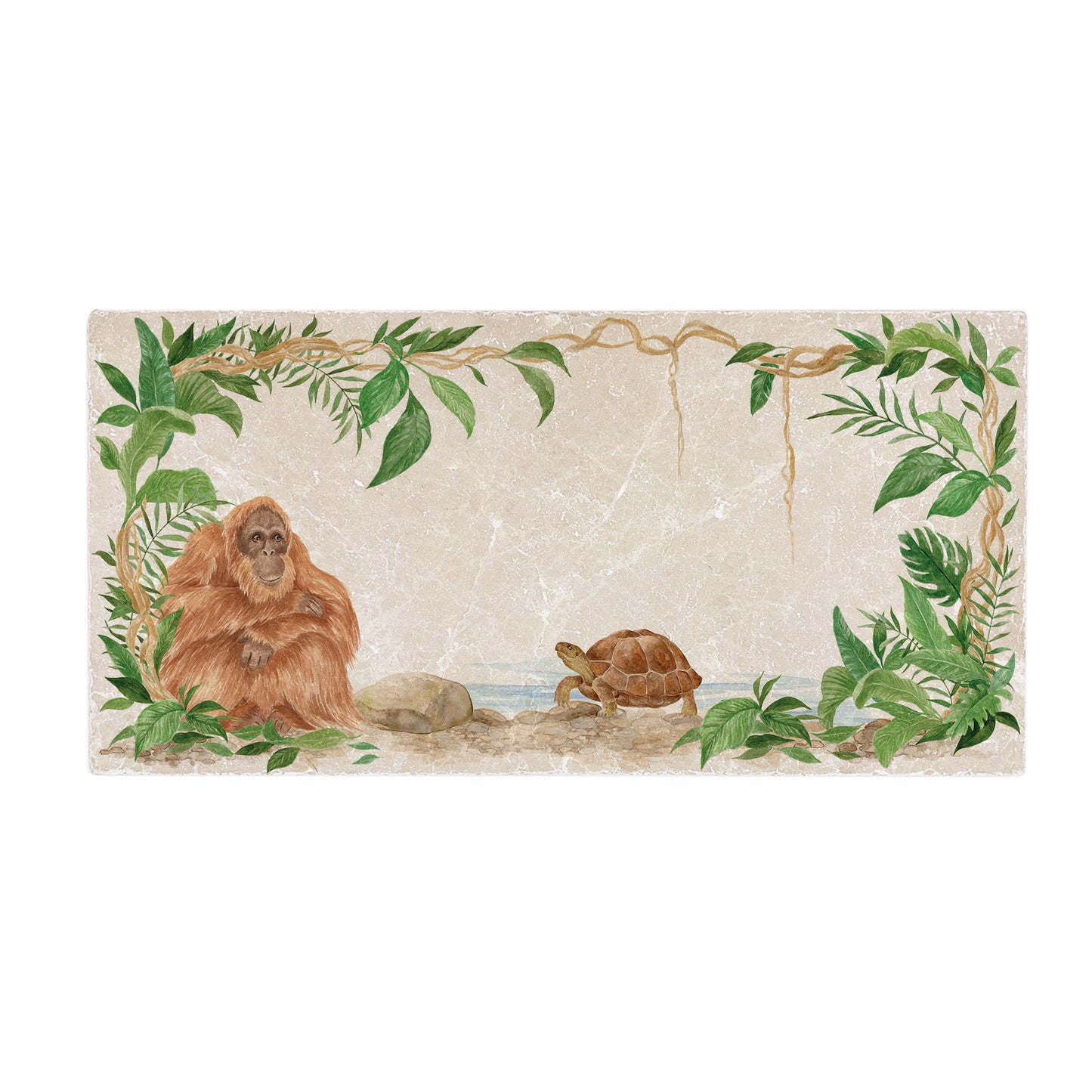 Welcoming our Rainforest Design, surrounded by the rainforest leaves and vines. Our Orangutan and Tortoise sitting a quiet corner of the rainforest. Illustrated in our  original watercolour designs on Sharing Serving Platter. 