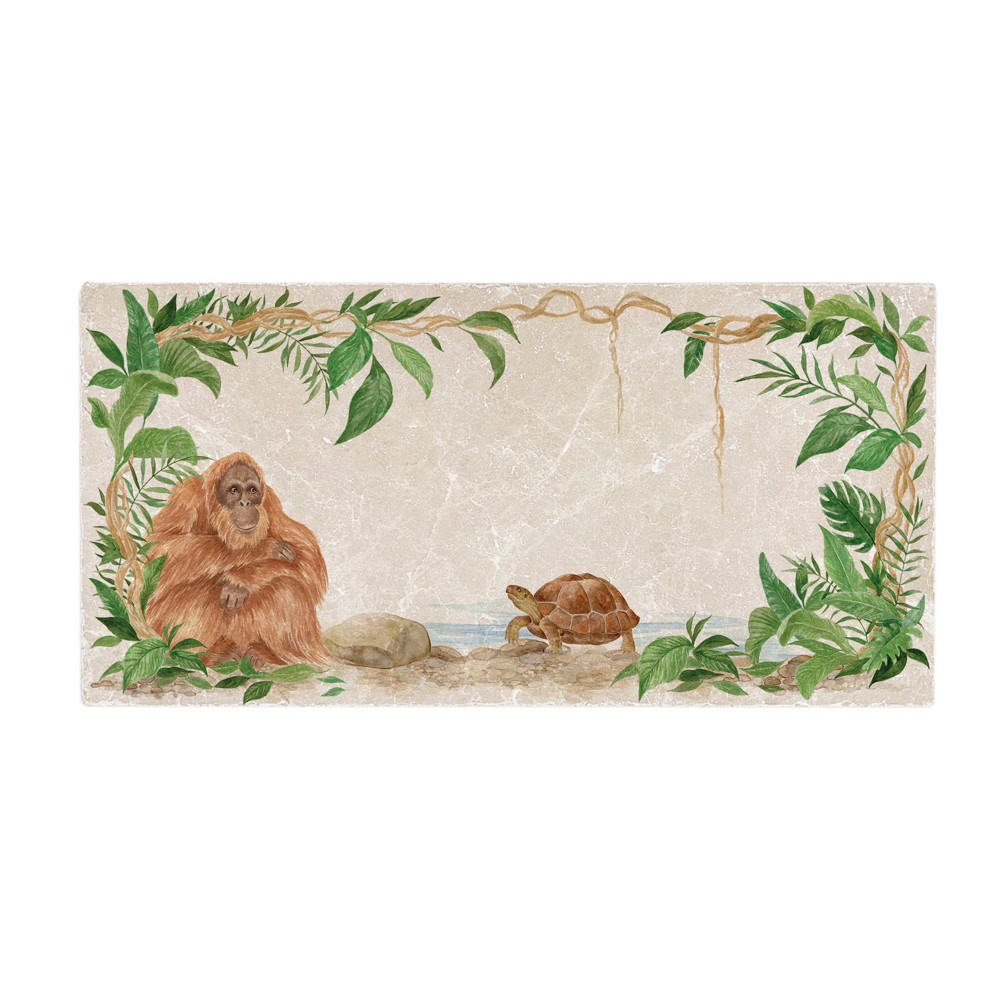 Welcoming our Rainforest Design, surrounded by the rainforest leaves and vines. Our Orangutan and Tortoise sitting a quiet corner of the rainforest. Illustrated in our  original watercolour designs on Sharing Serving Platter. 
