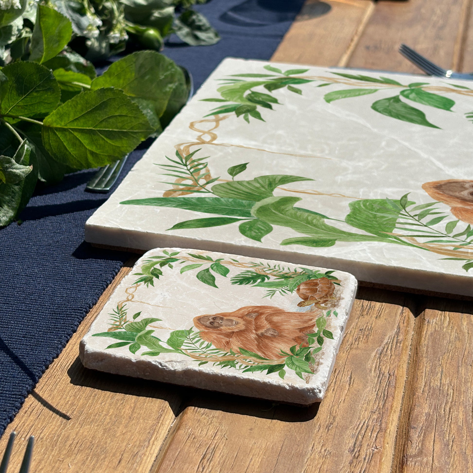 Welcoming our Rainforest Design, surrounded by the rainforest leaves and vines. Our Orangutan and Tortoise sitting a quiet corner of the rainforest. Illustrated in our  original watercolour designs on our set of 4 Coasters. 