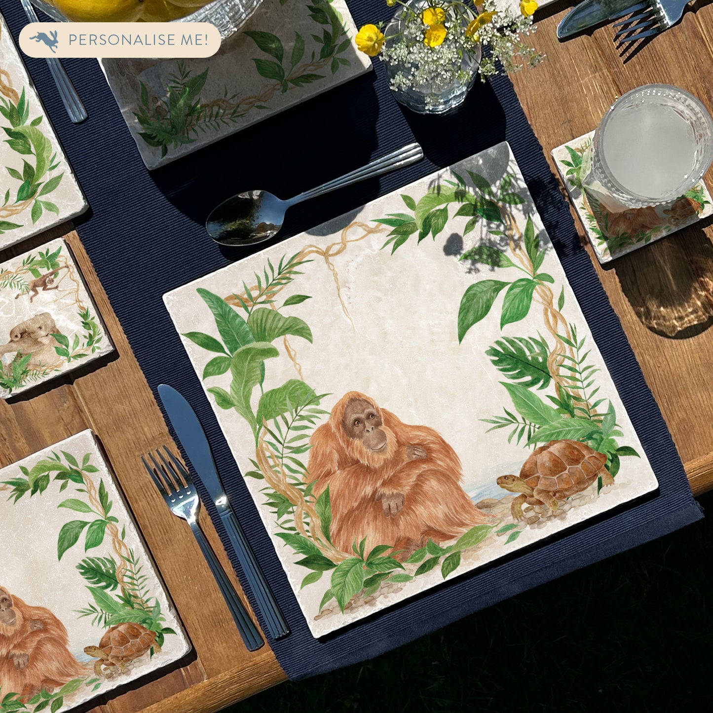 Welcoming our Rainforest Design, surrounded by the rainforest leaves and vines. Our Orangutan and Tortoise sitting a quiet corner of the rainforest. Illustrated in our  original watercolour designs on Large Serving Platter. 