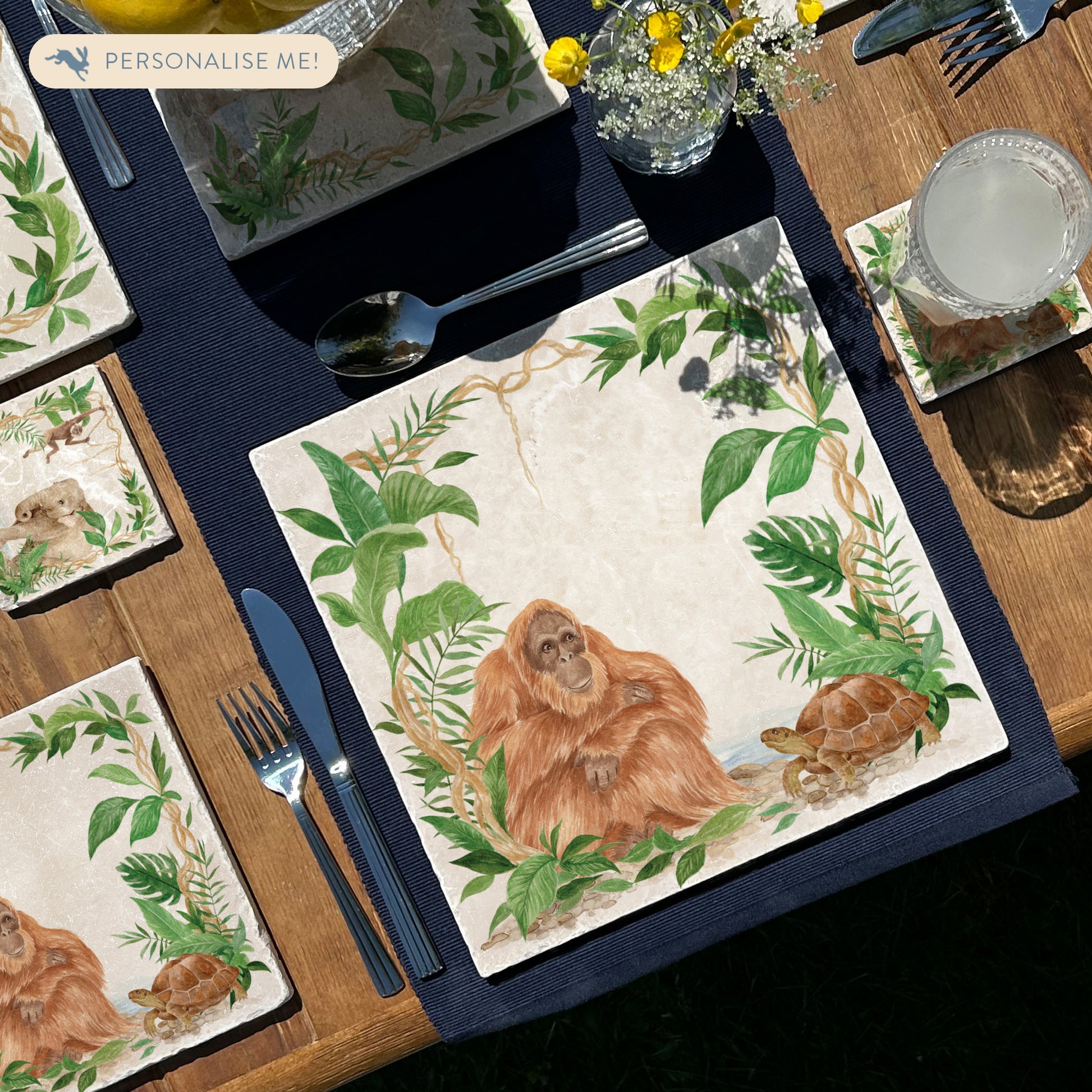 Welcoming our Rainforest Design, surrounded by the rainforest leaves and vines. Our Orangutan and Tortoise sitting a quiet corner of the rainforest. Illustrated in our  original watercolour designs on Large Serving Platter. 