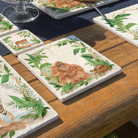 Welcoming our Rainforest Design, surrounded by the rainforest leaves and vines. Our Orangutan and Tortoise sitting a quiet corner of the rainforest. Illustrated in our  original watercolour designs on Medium Serving Platter. 
