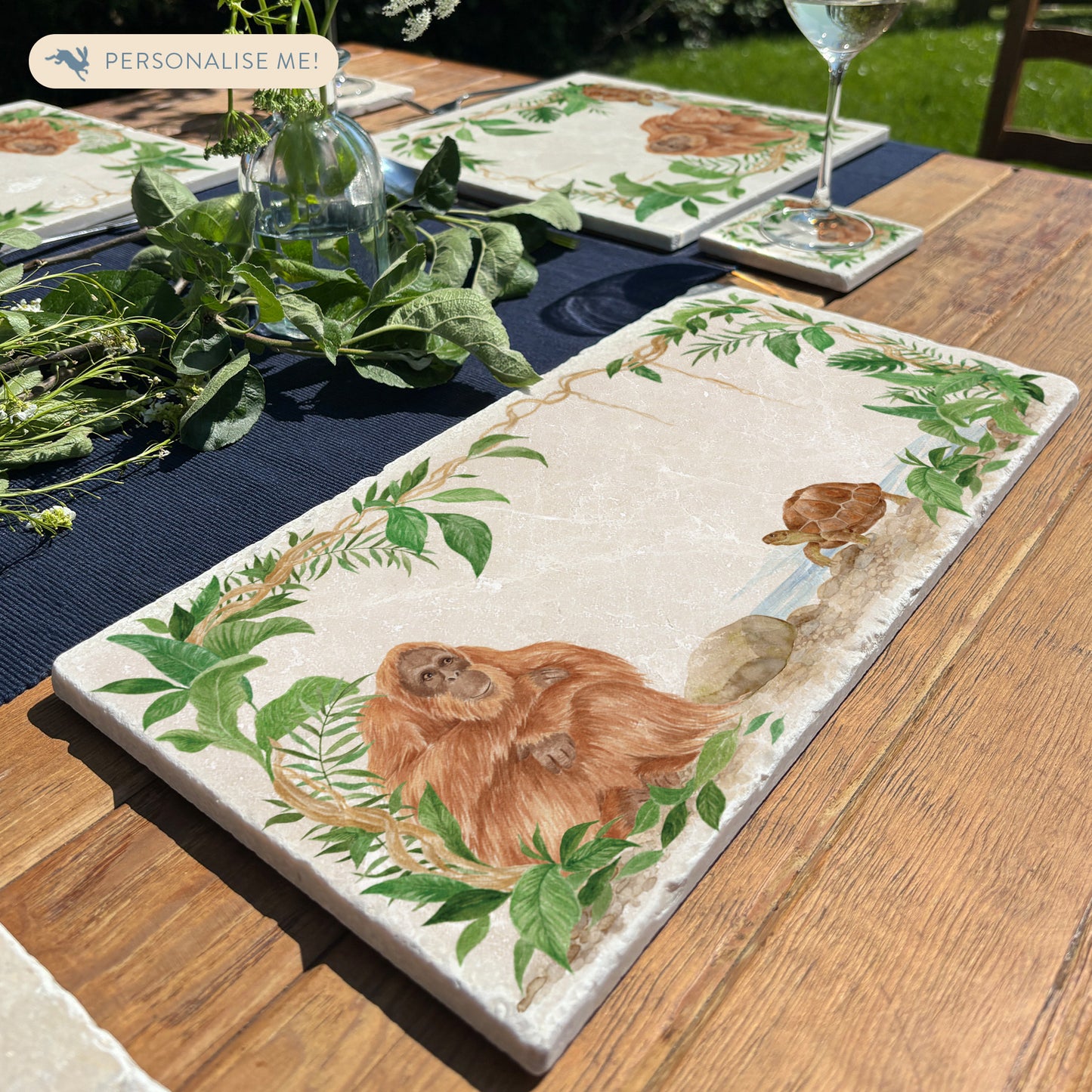 Welcoming our Rainforest Design, surrounded by the rainforest leaves and vines. Our Orangutan and Tortoise sitting a quiet corner of the rainforest. Illustrated in our  original watercolour designs on Sharing Serving Platter. 