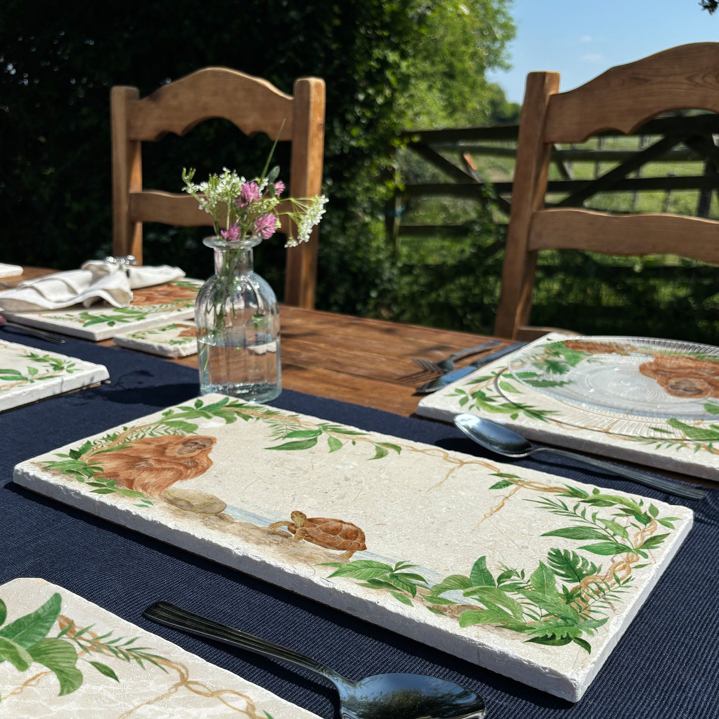 Welcoming our Rainforest Design, surrounded by the rainforest leaves and vines. Our Orangutan and Tortoise sitting a quiet corner of the rainforest. Illustrated in our  original watercolour designs on Sharing Serving Platter. 