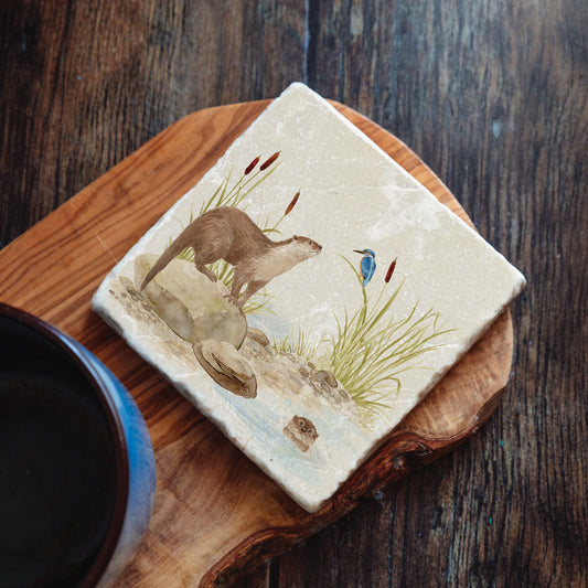 Otter and Kingfisher down by the Riverbank watercolour design on our natural marble stone platter. Perfect worktop saver. Finished with a beautiful Blue Bow 