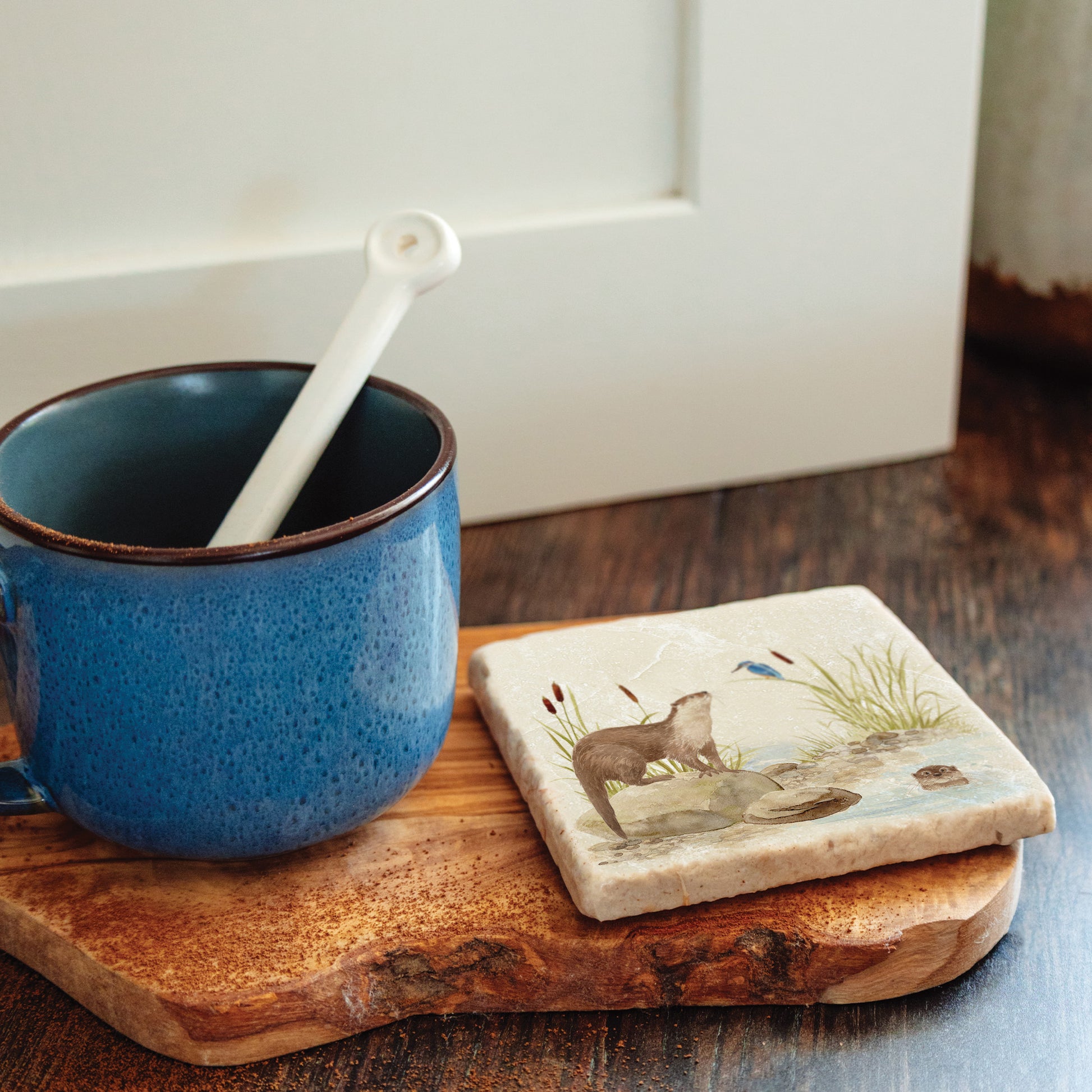 Otter and Kingfisher down by the Riverbank watercolour design on our natural marble stone platter. Perfect worktop saver. Finished with a beautiful Blue Bow 
