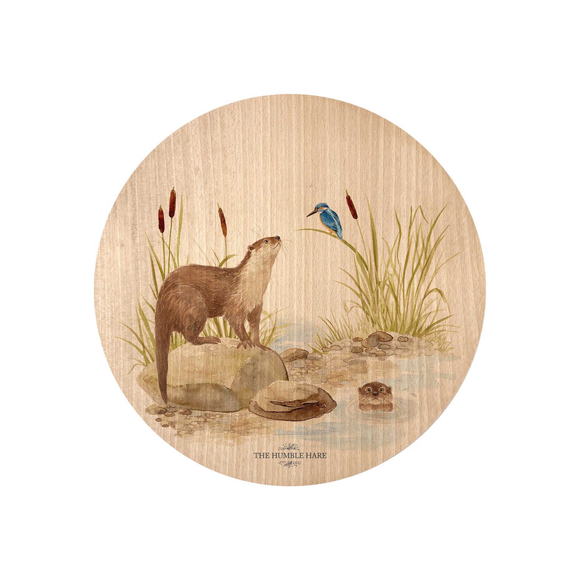 Round beech wood chopping board featuring a watercolour design of otters and a kingfisher down by the river bank.
