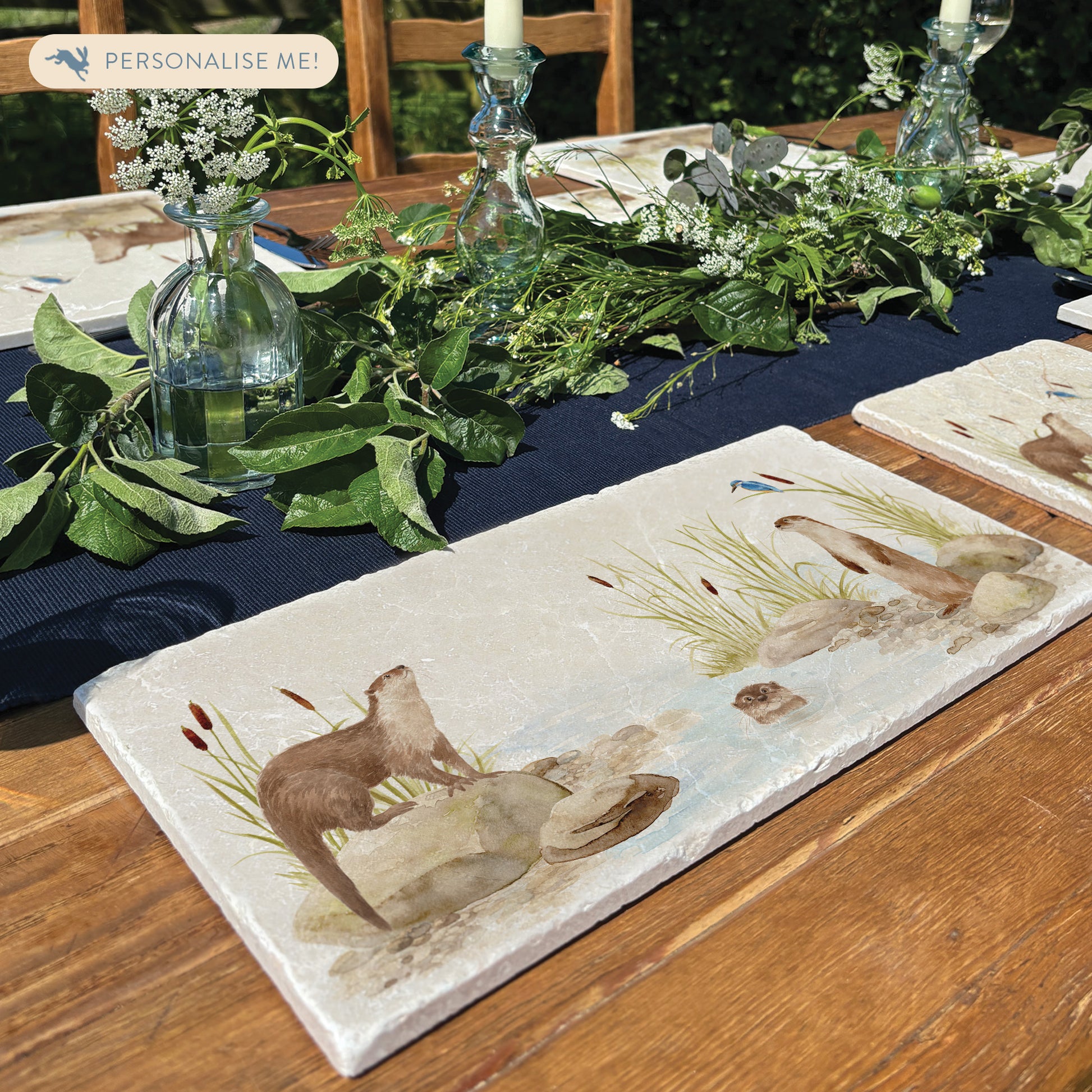 Otter and Kingfisher down by the Riverbank watercolour design on our natural marble stone platter. Perfect worktop saver. 