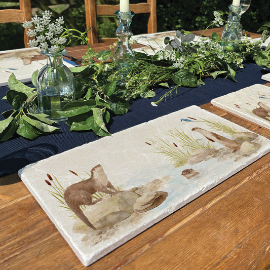 Otter and Kingfisher down by the Riverbank watercolour design on our natural marble stone platter. Perfect worktop saver. 