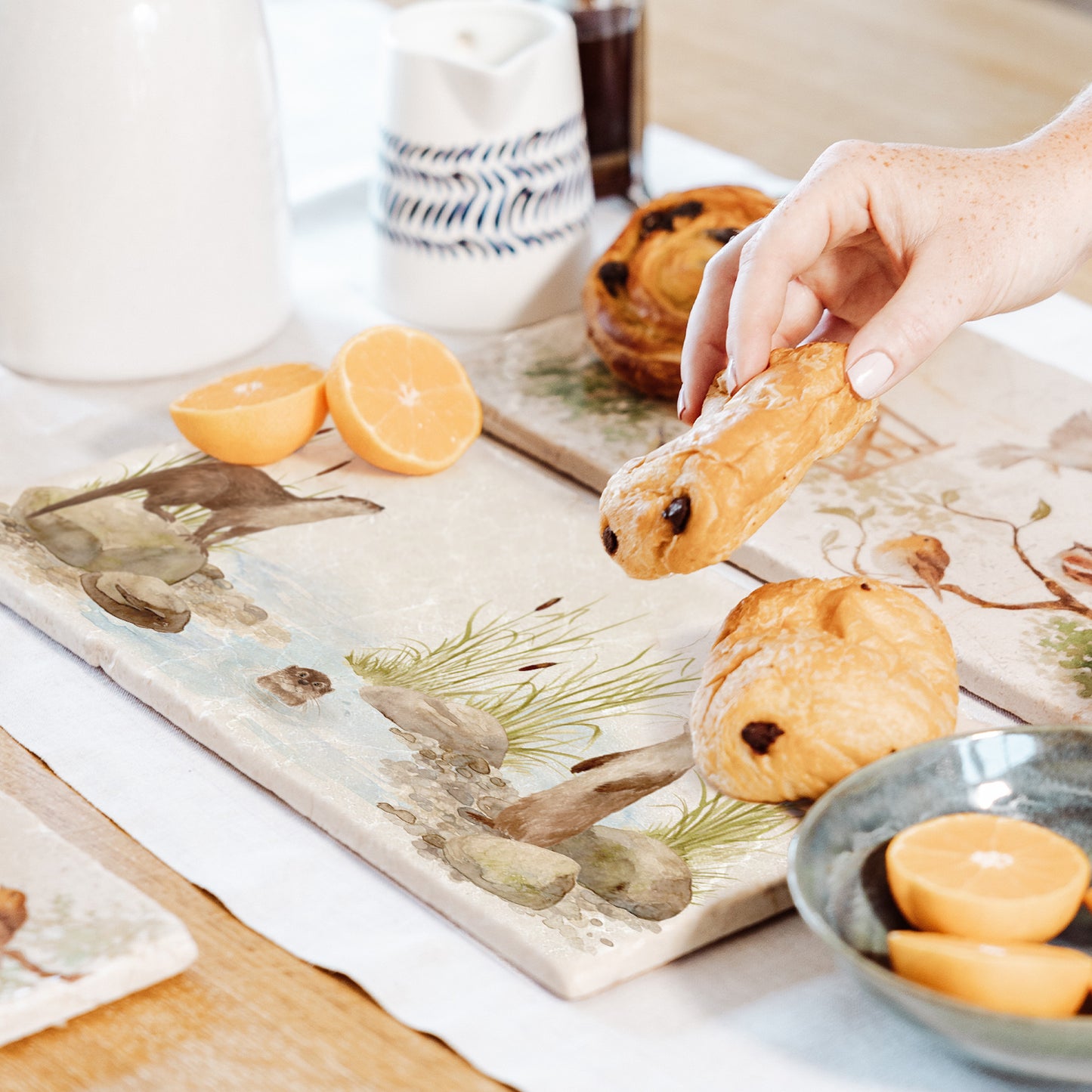Otter and Kingfisher down by the Riverbank watercolour design on our natural marble stone platter. Perfect worktop saver. 