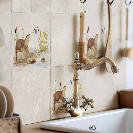 Kitchen tiles featuring an Otter and Kingfisher on the riverbanks edge.
