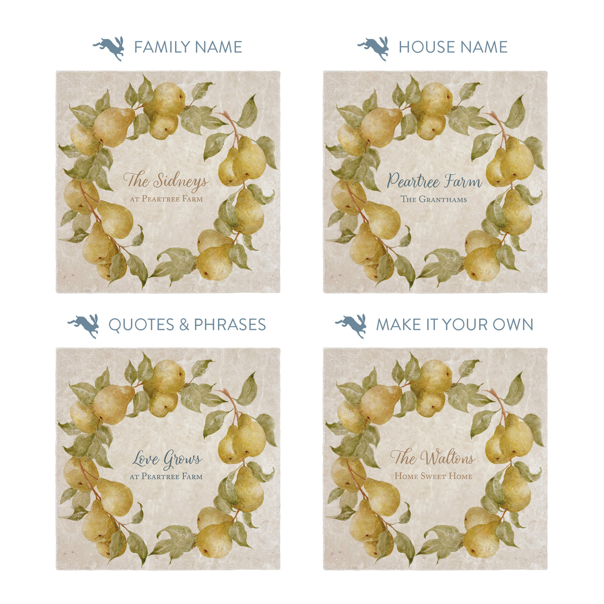 Pear Wreath personalised wall tile, make it your own with your own text. 