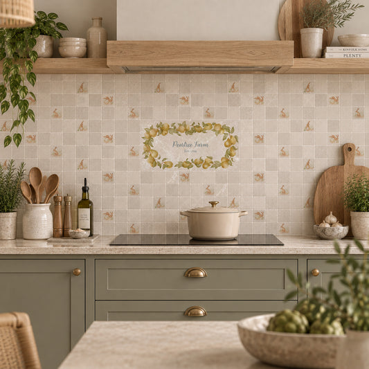 A styled kitchen interior with cream mosaic tile backsplash featuring a central floral wreath graphic and small bird motifs, paired with sage green cabinets, a black stovetop, and warm wood shelving.