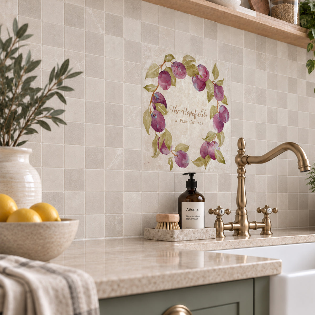 Designer Kitchen tiles, featuring options to personalise with watercolour designs. 