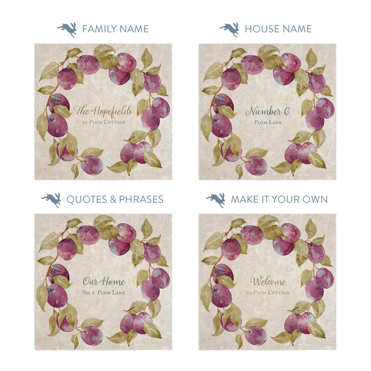 wreath design personalisation options, showing names, house name, phrase and text colour options. 