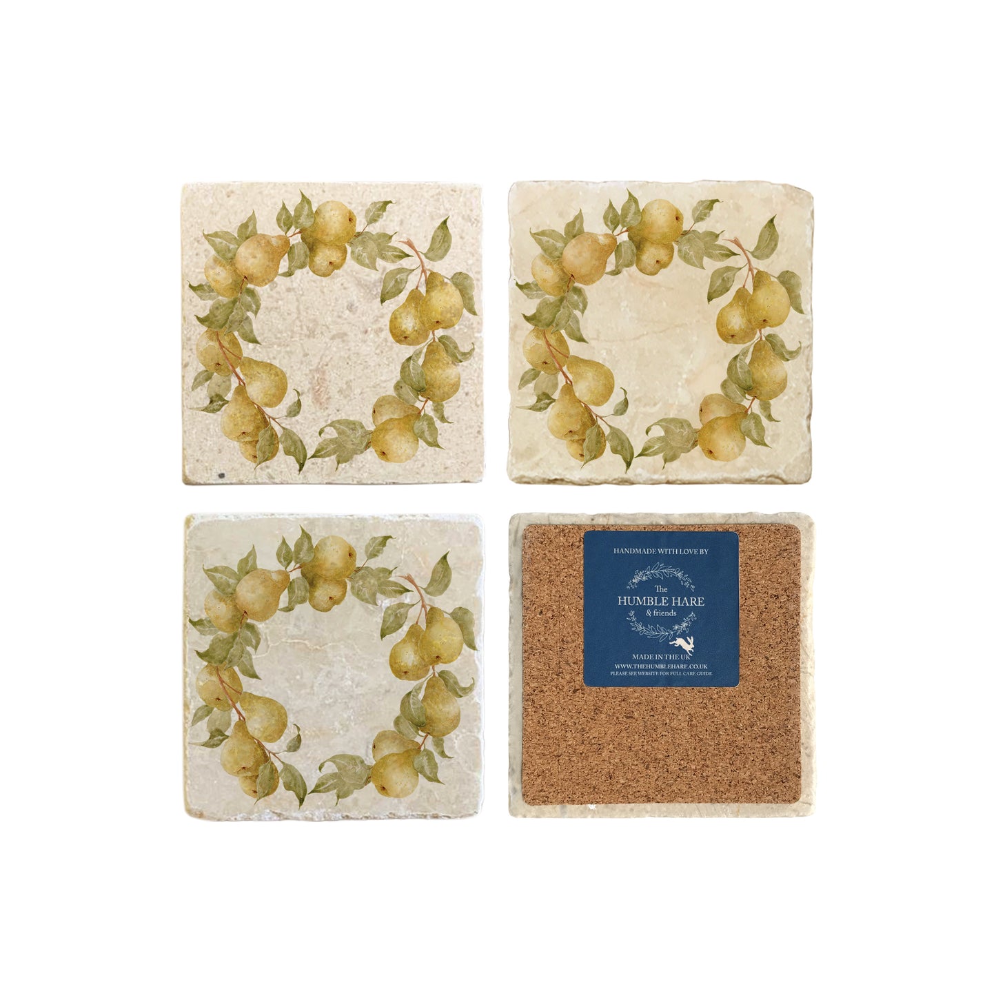 A set of 4 square marble coasters, featuring a watercolour pear wreath design. One coaster is flipped to show that the coasters are backed with cork.