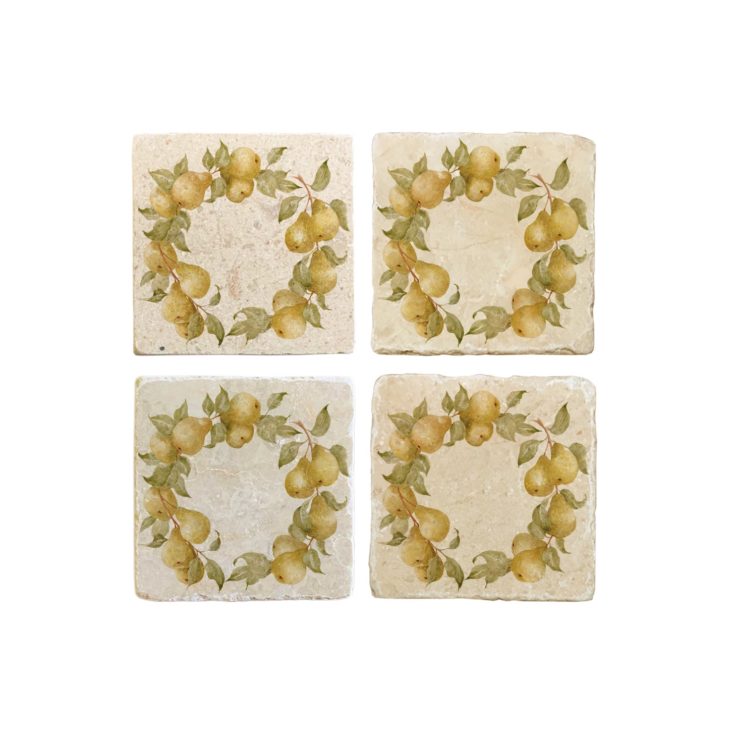 A set of 4 square marble coasters, featuring a rustic watercolour wreath of pear branches and fruit.