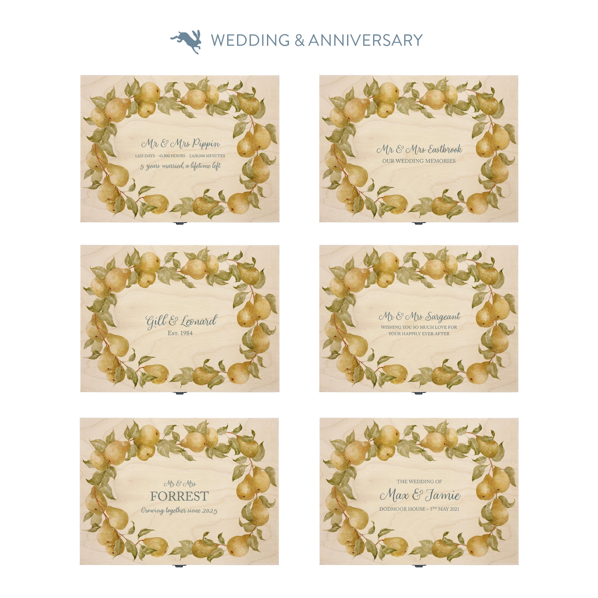 This shows our beautiful medium wooden & anniversary gift box with the various personalisation options you can choose to offer a truly customised present for a loved one. Couples names, Mr & Mrs, dates the options are endless. 