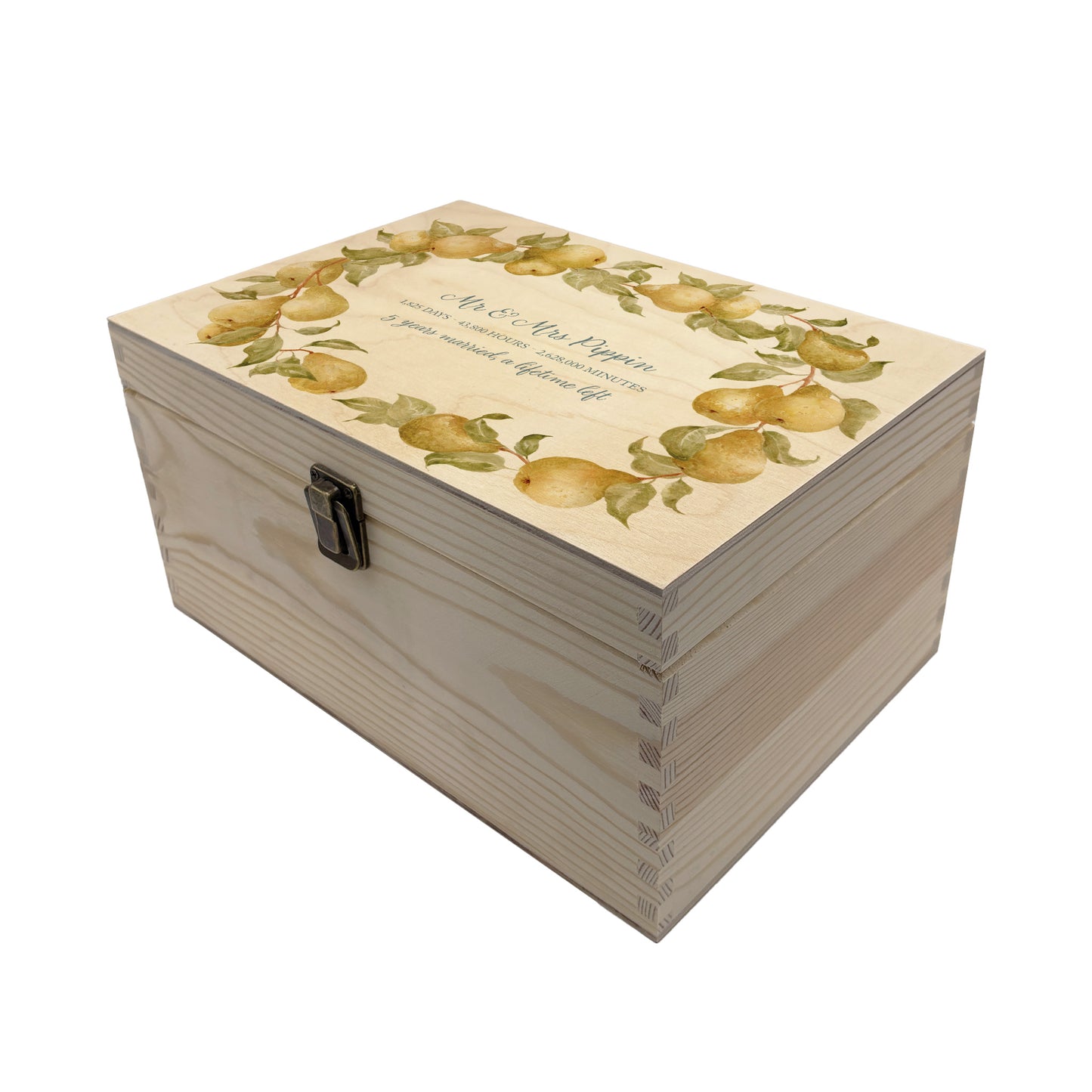 Medium Pear wreath Personalised wedding keepsake box with vibrant watercolour fruit design, featuring the couple’s names and wedding date on natural pine wood. This box can be customised and is a truly unique wedding & Anniversary gift.  