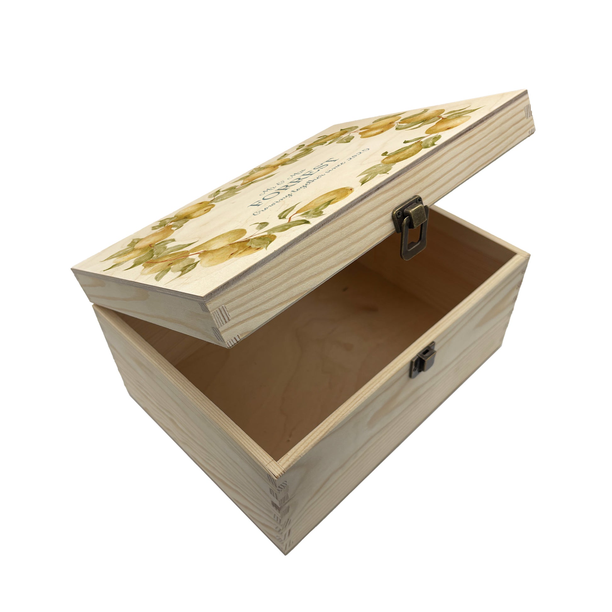 Medium Pear wreath Personalised wedding keepsake box with vibrant watercolour fruit design, featuring the couple’s names and wedding date on natural pine wood. This box can be customised and is a truly unique wedding & Anniversary gift.  