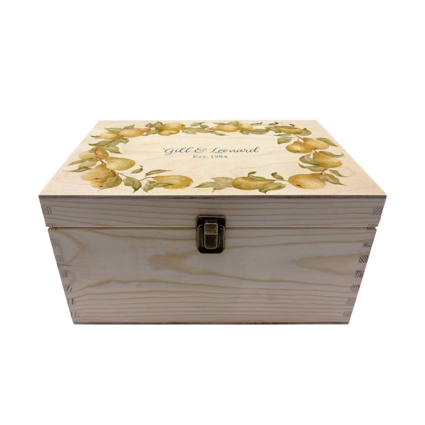 Medium Pear wreath Personalised wedding keepsake box with vibrant watercolour fruit design, featuring the couple’s names and wedding date on natural pine wood. This box can be customised and is a truly unique wedding & Anniversary gift.  